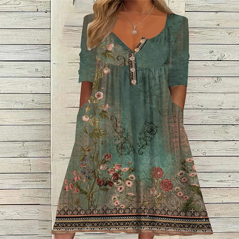 Summer Womens V-Neck Split Sleeve Button Dress V-Neck Printed Pattern Pleated With Pockets Maxi Dresses 250122