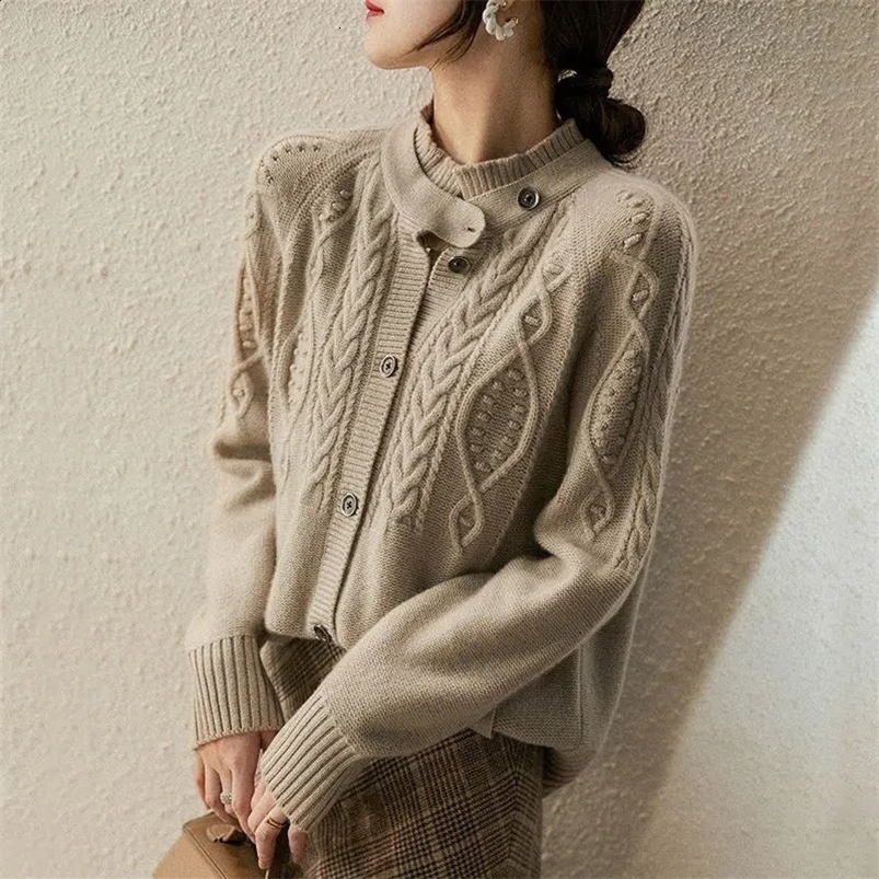 Womens Half High Collar Screw Thread Solid Color Button Lantern Long Sleeve Cardigan Sweater Knitted Coats Autumn Winter Tops 240824