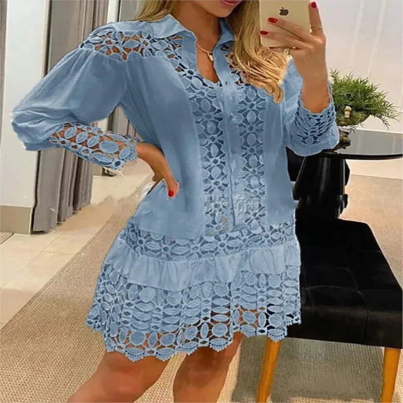Spring Summer Long Sleeve For Womens Dresses Solid Color Lace Splicing Fashion Cutout Shirt Elegant Female Sexy Dress 250313
