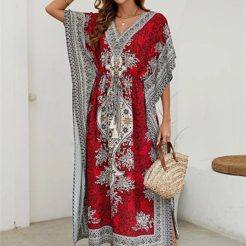 Bohemian V-neck Short Sleeve Beach Smock Dress Women Summer Loose Casual Sunscreen Print Boho Long Dresses For Women 240529