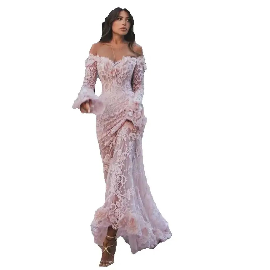 Elegant Lace Mermaid Evening Gown Fashion Off The Shoulder Full Sleeve Prom Dress Side Train Party Gown Customized