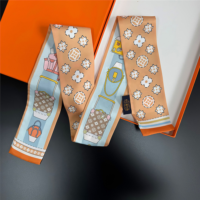 Women's Long Strip High-end Multifunctional French Silk Small Neck Scarf Bag Tie Ribbon Headscarf Hairband Belt 05f