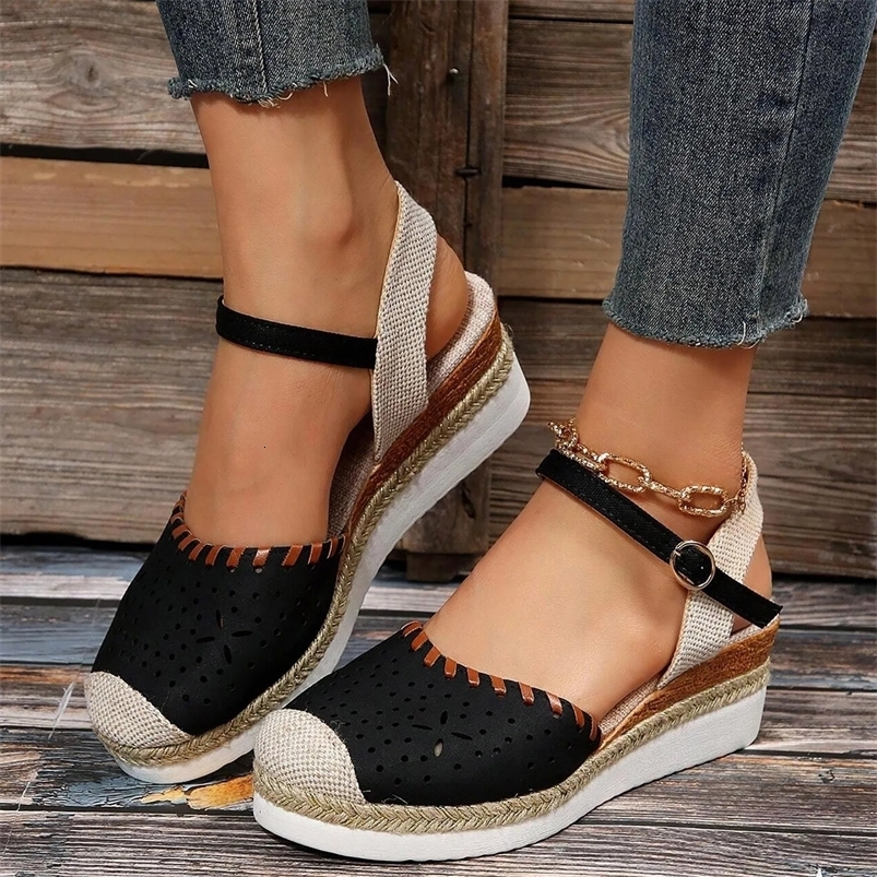 Vacation Classical Shoes For Women Hollow Out Espadrille Ankle Strap Womens Sandals Anti-Slip Wedge Sandals Women Shoes 240528