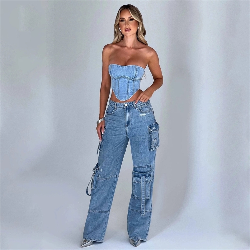 Casual Baggy For Women Clothes s Spring Autumn Pocket Patchwork Cargo Pants Womens High Strt Straight Leg Jeans Z260313