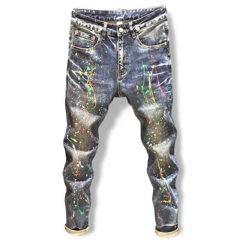 Spring Autumn Designer Clothes Mens Korean Stylish Slim Fit Jeans Fashion Trendy Painted Denim Pants Ink Stretch Skinny Pants L250923
