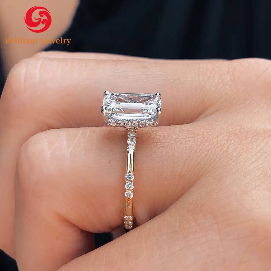 Luxury Designer 14K 18K Solid Gold Custom Band Ring Trendy HPHT CVD Emerald Cut Lab Grown Diamond for Engagement or Wedding