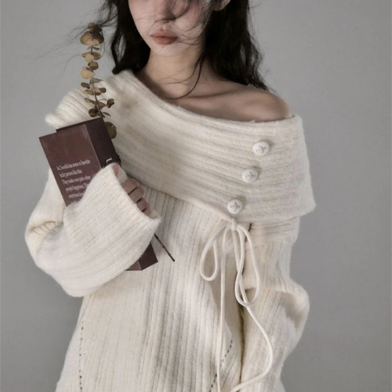 Y2k Aesthetic Solid Sexy Off Shoulder Sweater Women Vintage Harajuku Bandage Knitted Jumper Fairy Grunge Casul Loose Pullover 240824