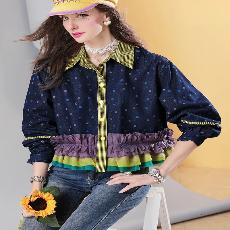 Womens Short Denim shirt Polka Dot Ruffle Patchwork Blouse Color Block Button-Up Long Sleeve Vintage Casual Streetwear 250417