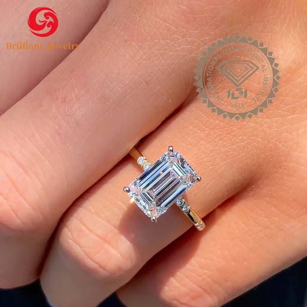 Luxury Designer 14K 18K Solid Gold Custom Band Ring Trendy HPHT CVD Emerald Cut Lab Grown Diamond for Engagement or Wedding