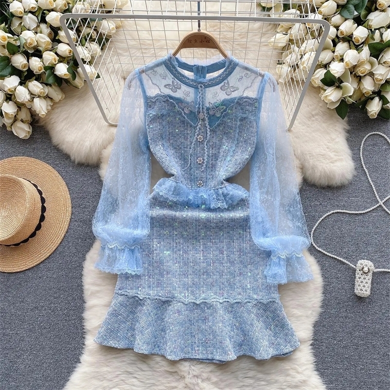 Runway Embroidery Sequins Tweed Dress Womens Ruffled Beaded Lantern Sleeve Blue Mesh Patchwork Slim Vintage Vestidos 240529