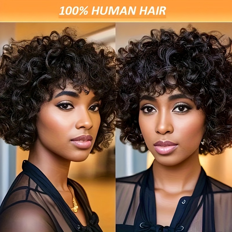 Women's 100% Human Hair Short Bob Afro Pixie Cut Wig Loose Curls with Bangs 180% Density Bouncy Curls Rose Cap Glueless Wig for All Ethnicities