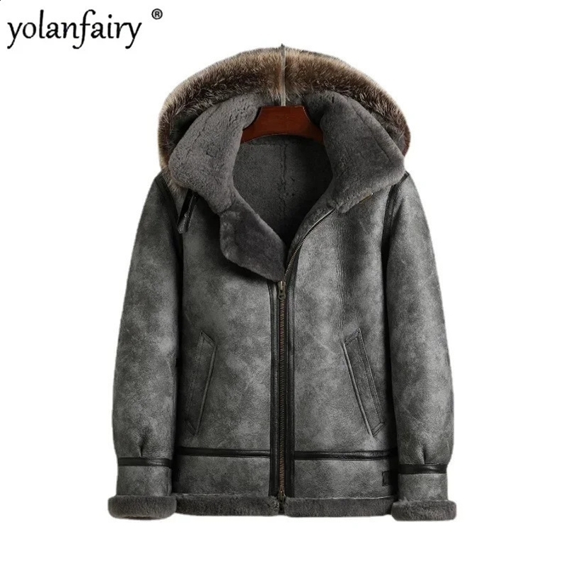 Grey B3 Original Natural Fur Coat Men Genuine Leather and Fur Clothing Mens Winter Coats and Jackets Male Hooded Warm Clothes F 240823