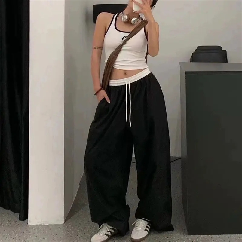 QWEEK Y2k Vintage Oversized Womans Sweatpants Baggy Korean Fashion Casual Pants Wide Blue Thin Trousers America Retro Patchwork 240820