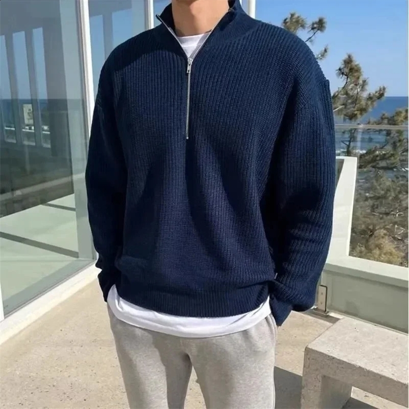 Spring Autumn Men Fashion Men Loose Half-high Collar Zipper Pullover Knitted Sweater Jacket All-match Clothing 240821