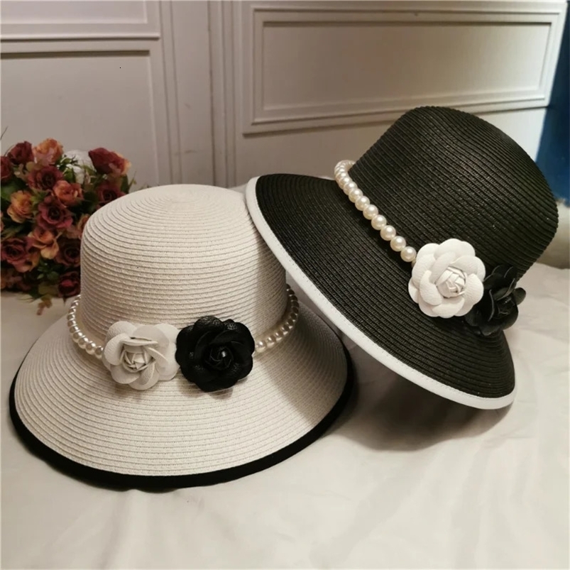 French retro elegant straw hat Hepburn pearl flower fisherman hat seaside holiday beach hat sunshade sunblock hat lady 240528