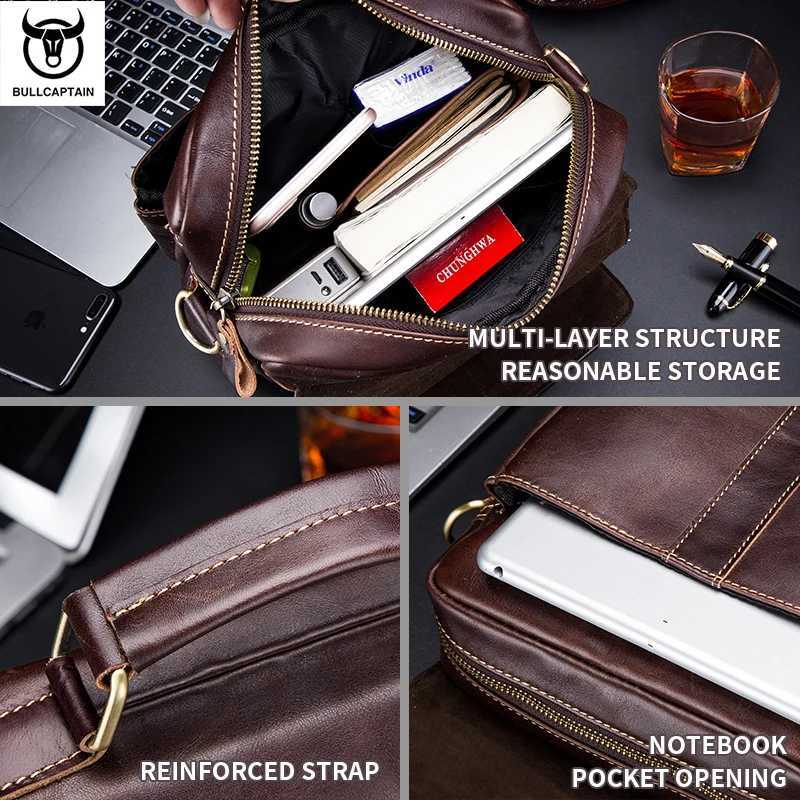BULLCAPTAIN Mens Leather Shoulder Bag Retro Business Crossbody Bag Large Capacity Fashion Casual Youth Student Handbag J251025