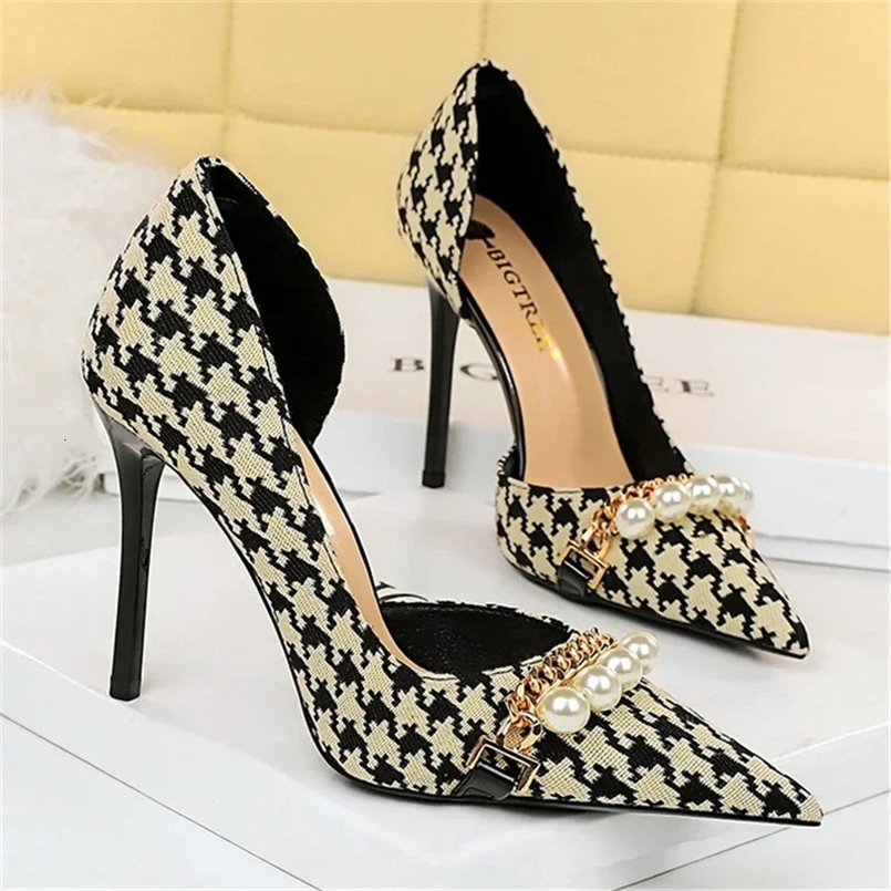 Women 7.5cm 11cm High Heels Pumps Sexy Pointed Toe Bigtree Heels Lady Pearl Metal Chain Scarpins Stiletto Zebra Plaid Shoes 241030