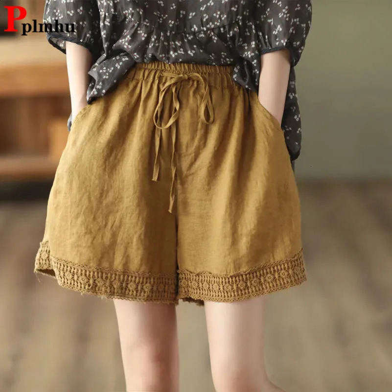 Summer Thin Cotton Linen Baggy Shorts Women Casual High Waist Short Pants Korean Lace Up Loose Straight Pantalones Cortos 250313