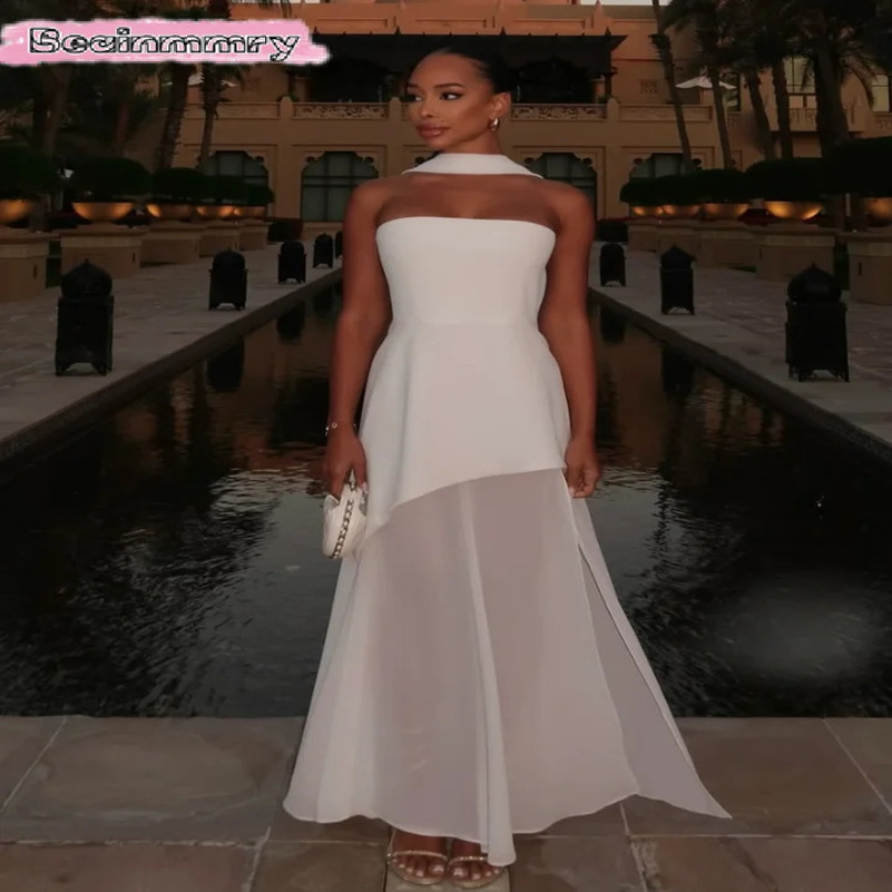 Straps Women Solid Chest Wrapped Dress With Scarf Backless Mesh Sheer Contrasting Spilt Robe 2025 Summer Lady Beach Party Wear 250313