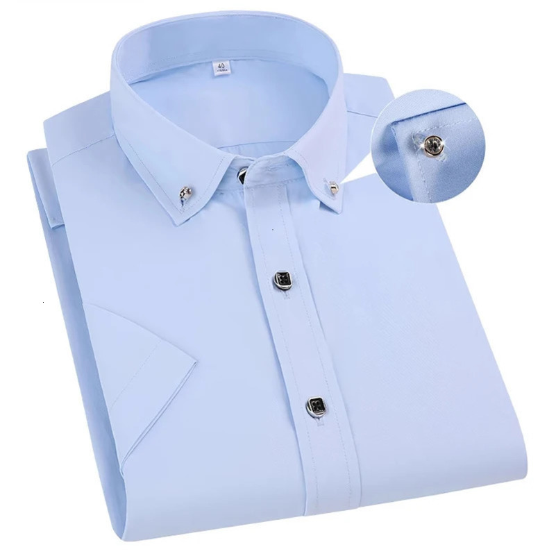 Fashion Formal Blue Shirt For Mens Short Sleeved Slim-Fit Business Classic Basic Diamond Button Wedding Social Shirts Male 250417