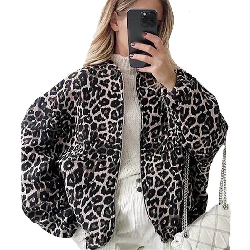 Retro leopard print O-neck womens jacket fashionable zipper pocket long sleeved short shirt autumn/winter womens clothing 241021