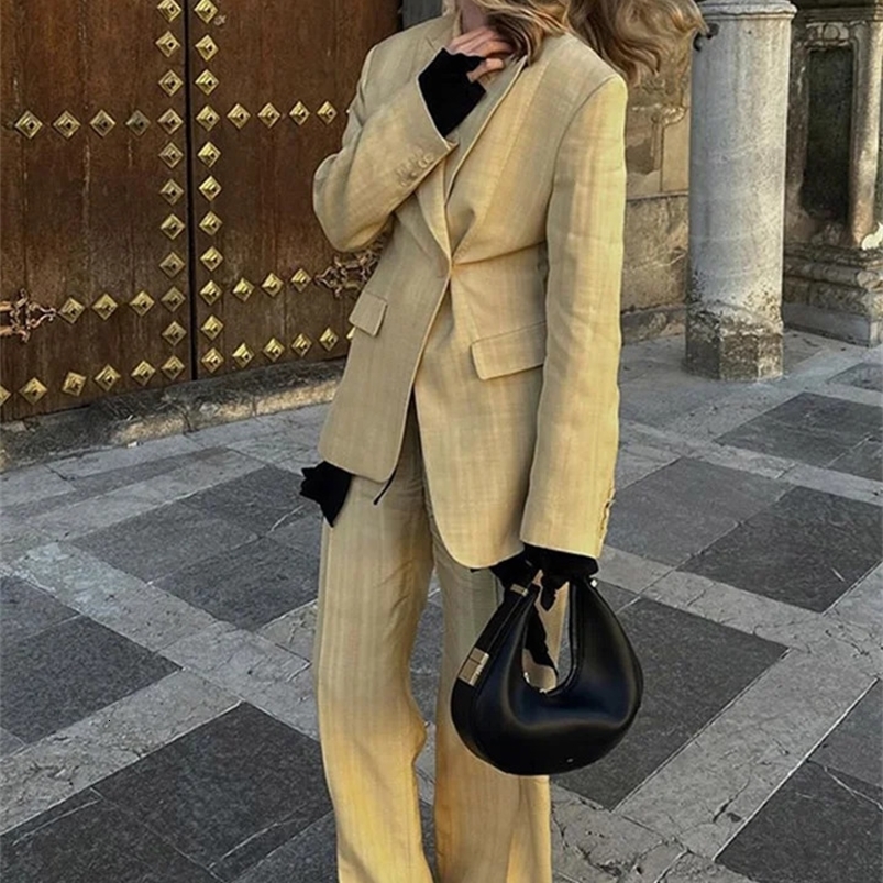 Elegant Lace Up Blazer Coat Pant Sets Women Khaki Slim Pocket Lapel Long Sleeve Coats Two Piece Set Fashion Autumn 240826
