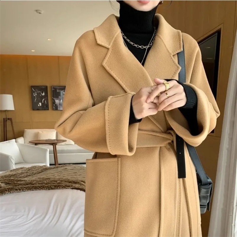 Double-Sided Cashmere Coat For Women In Autumn And Winter High-End Lapel Belt Loose And Long Knee Length Wool Woolen 240822
