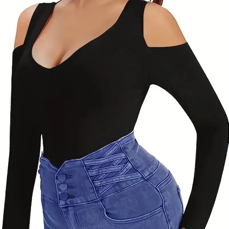 Sexy Slim Fit Womens Tshirt Deep Vneck Long Sleeve Summer Casual Short Cold Shoulder Top Fashionable Chinese 250923