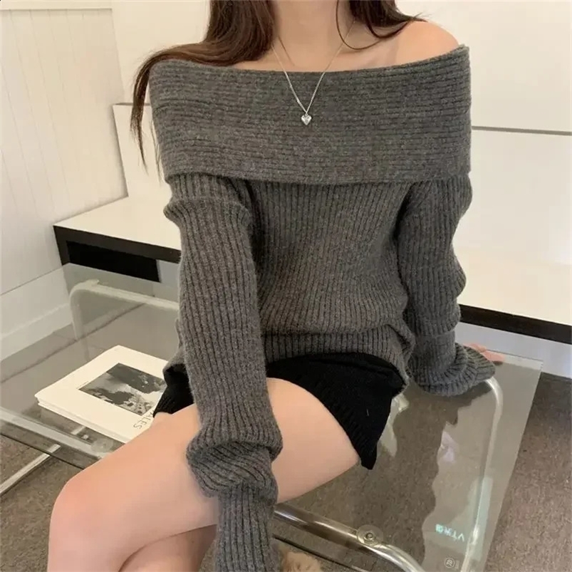 Deeptown Elegant Sweater Women Korean Style Off Shoulder Knitted Female Jumper Vintage Autumn Knitwear Harajuku Fashion Pullover 240824