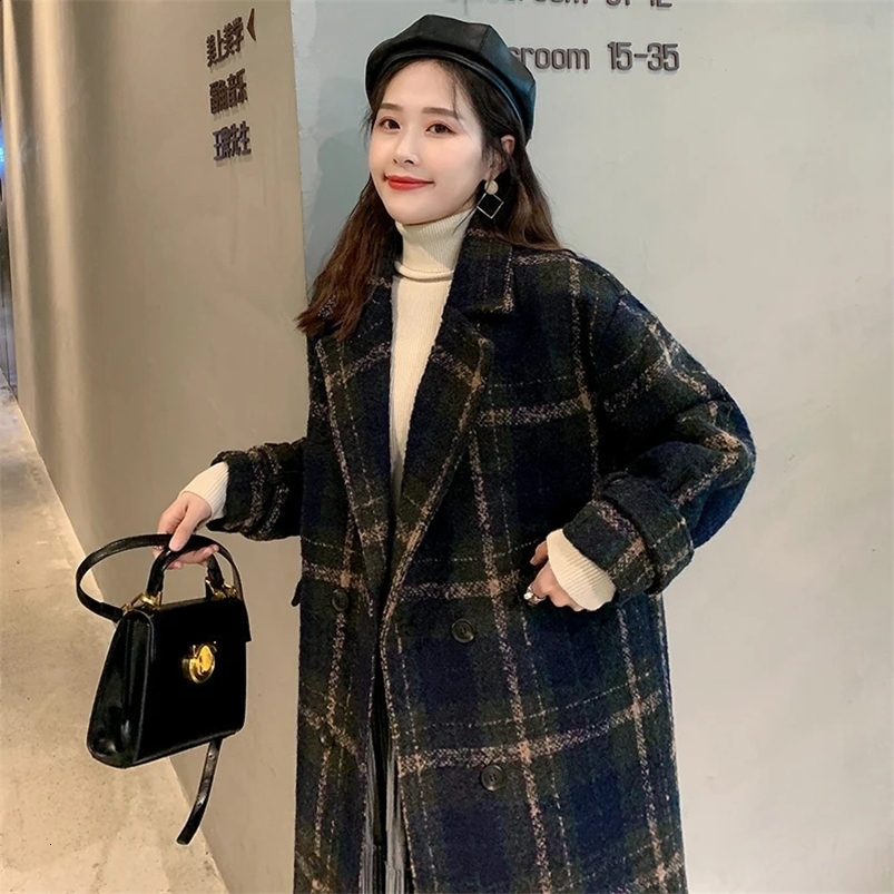 Autumn Winter Long Plaid Wool Coat Women Double Breasted Thicken Loose Woolen Overcoat Female Quited Coats 240822