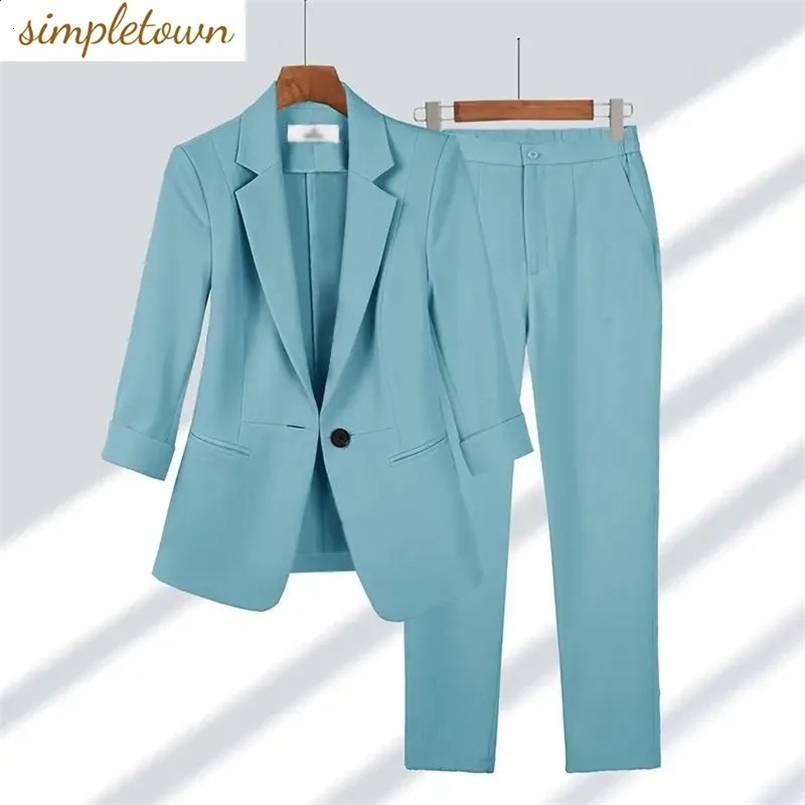 Summer Thin Jacket Blazer Casual Wide Leg Pants Two Piece Elegant Womens Pants Set Office Outfits Business Clothing 240826