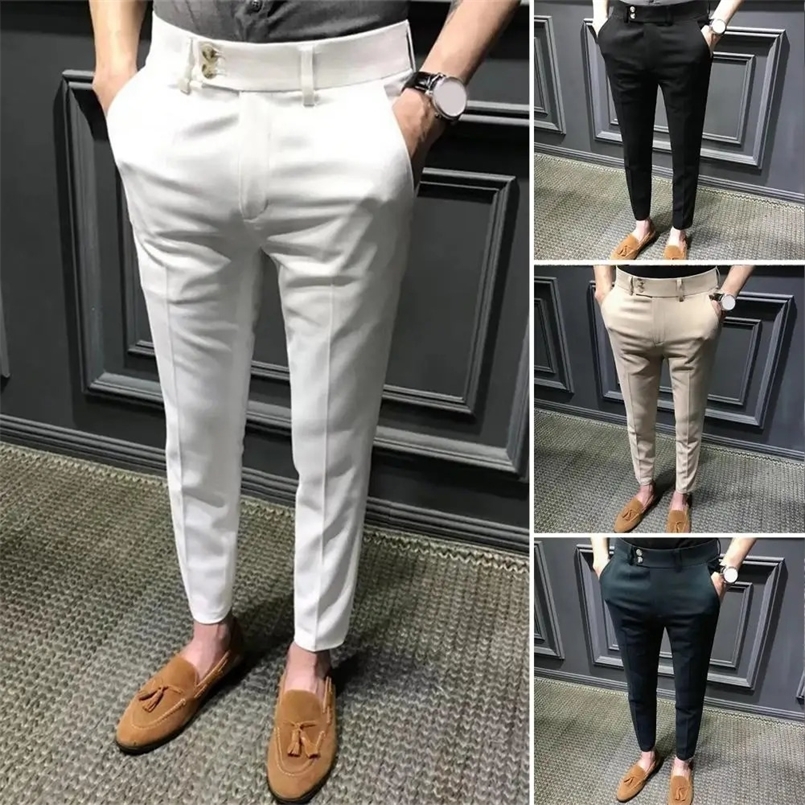 Trendy Men Ninth Pants Slim Fit Ninth Trousers Office Pockets Wear-resistant Zip Up Ninth Suit Pants 240827