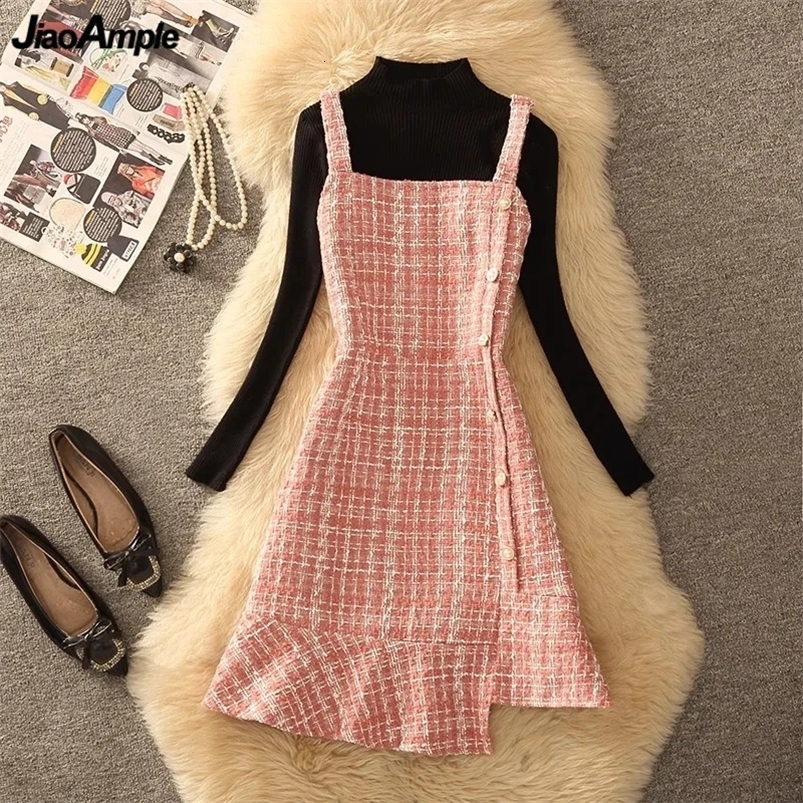 Autumn Winter Women Graceful Pink Tweed Vest Dress Sweater 1 or 2 Piece Set Asymmetric Overall Tank Dresses Knit Tops Outfits 240823