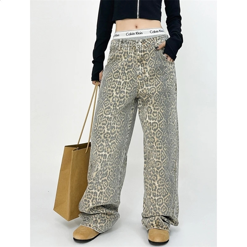 American retro High Street casual overalls leopard print loose womens long leg pants Y2k hip-hop goods Grunge Baggy Trousers 241021