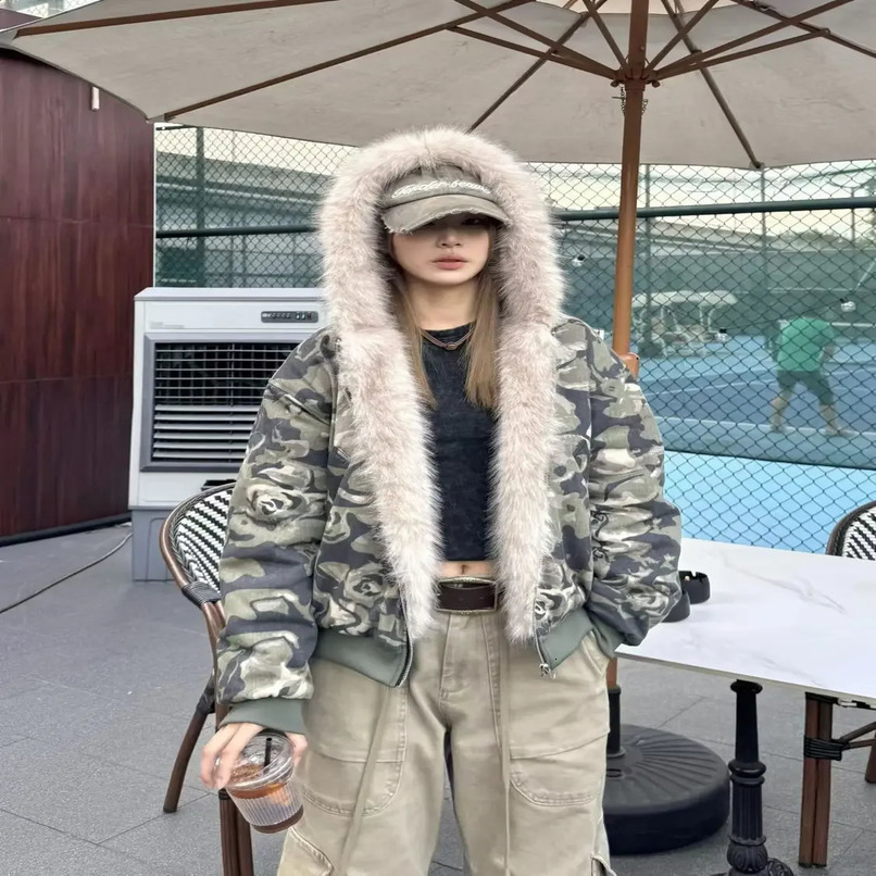 American Vintage Camouflage Plush Hat Jacket Y2K High Street Hip hop Harajuku Loose Women Make Old Hoodies Fashion Streetwear 250113