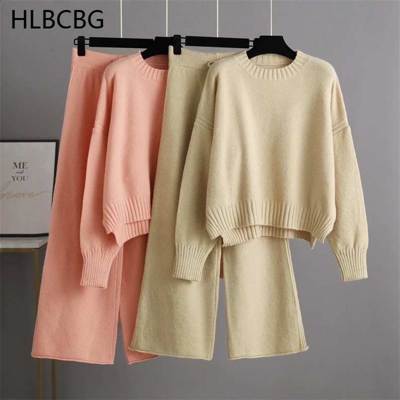 HLBCBG Basic Two Piece Knitted Loose Pants and O Neck Sweater Suit Women Autumn Winter Warm Sets Female Tracksuits Pullover 240820