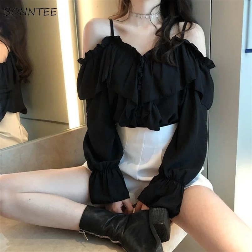 Off Shoulder Blouses Women Ruffles Sexy Party Stylish Ulzzang Solid Feminine Leisure All-match Spring Soft Ins 240827