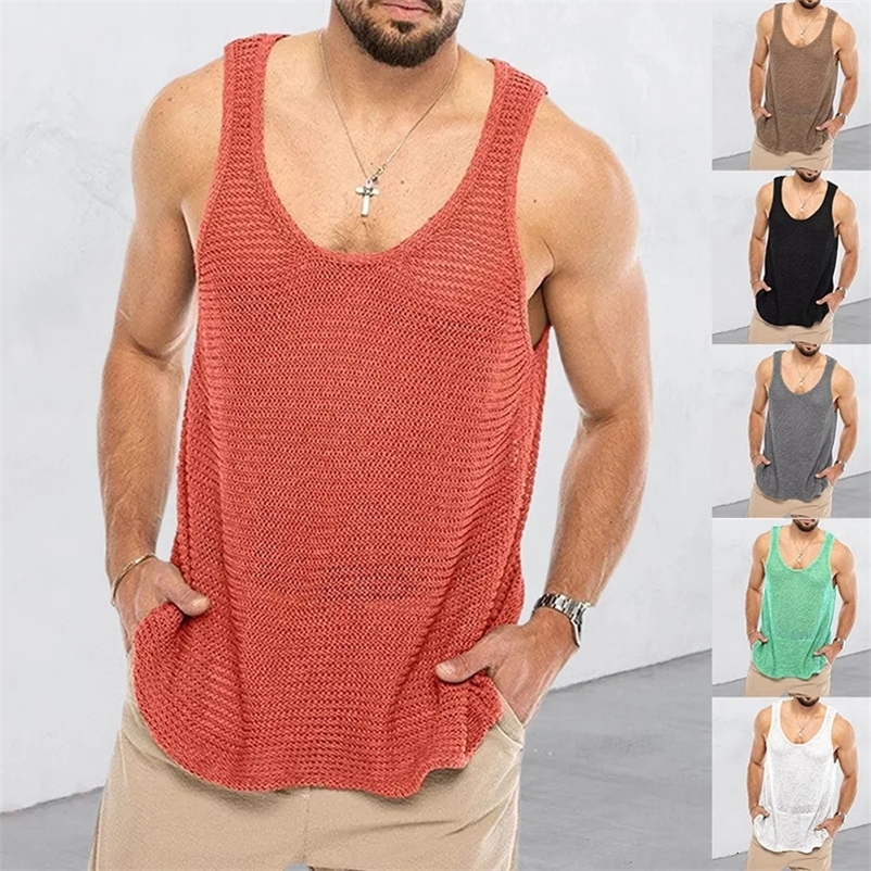 Mens tank top loose knit sports vest summer mens fashion stripe knit sleeveless Male T-shirt breathable mesh Sports Top 250214