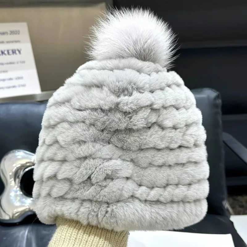 Rex Rabbit Fur Hat Fashion Baotou Hat With Big Fox Fur Ball Thickened Warm Ear Protection Hat Winter Good Elastic Real Fur Hats Z251029