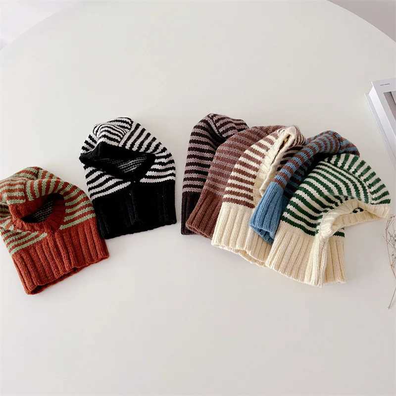 Solid Color Striped Scarf Hooded Hat for Baby Winter Warm Knitted Kids Balaclava Cap Korean Children Boy Girl Beanie Caps Z251029
