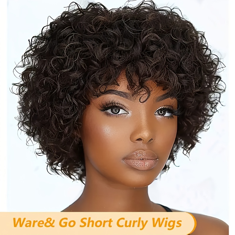 Wig Human Hair 6 inch Short Curly Wigs None Lace Front Wigs with Bangs 180% Density 100% Human Hair Wig