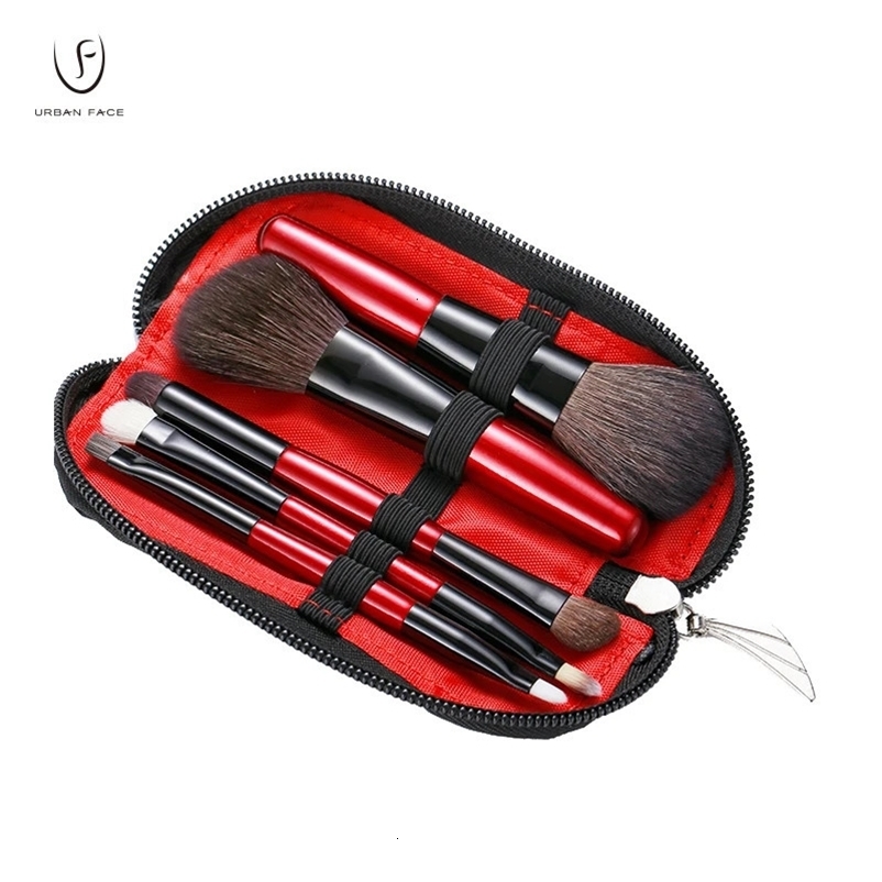 5pcs Makeup Travel Size Brush Red Short Handle Make Up Brush Kit Powder Blush Brush Set 240625