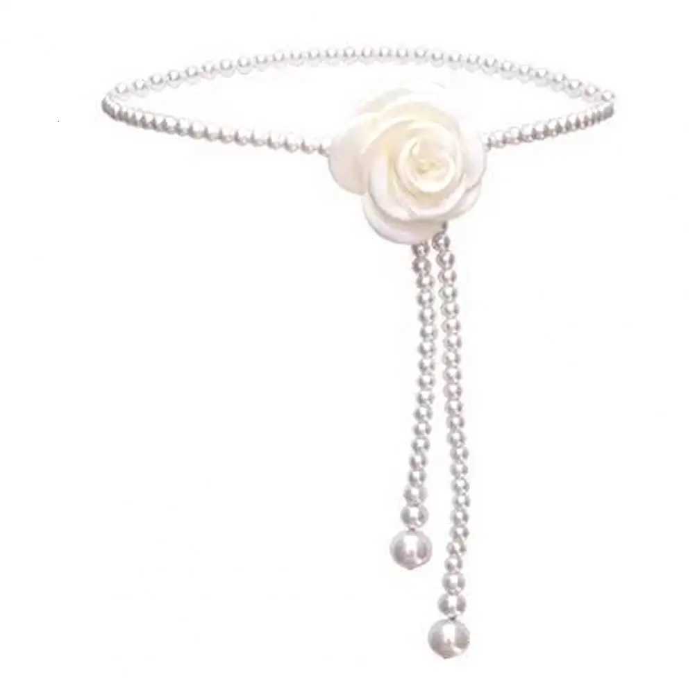 Fashion Women Waist Chain Elegany Camellia Decor Faux Pearl Belt Floral Design Single Layer Adjustable Waist Belt Outfit Accessories1 D250923