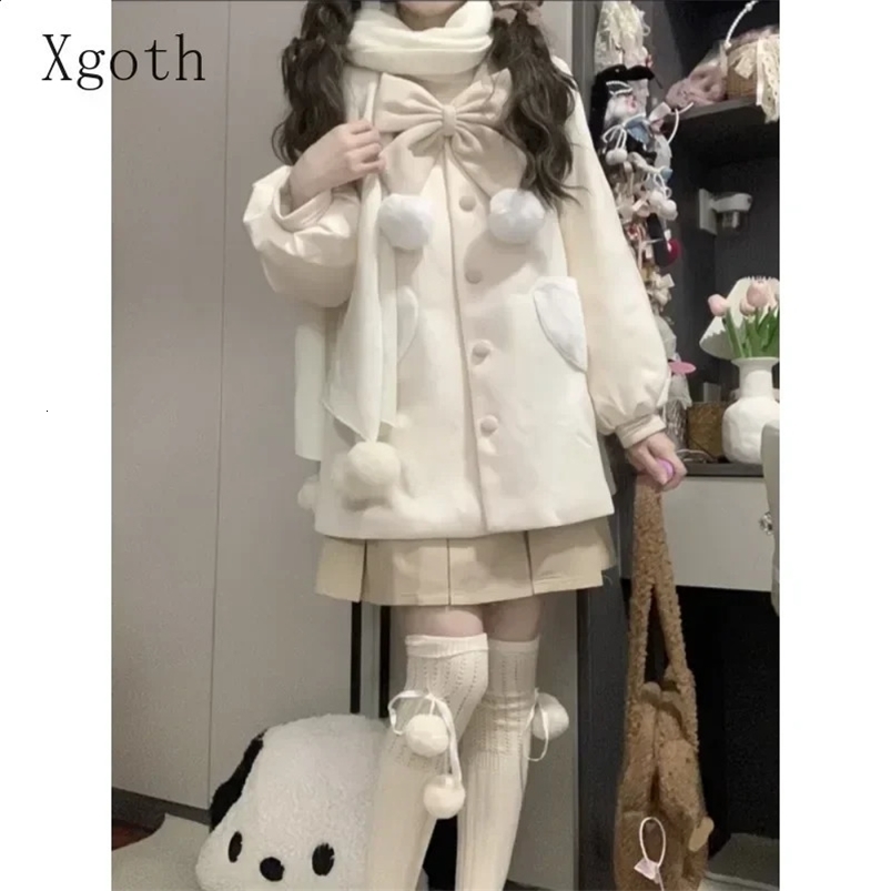 Womens Coats Contrast Sailor Collar Bow Single Breasted Heart Pocket Sweet Age Reduction Versatile Woolen Coat Ladies Clothing 240822