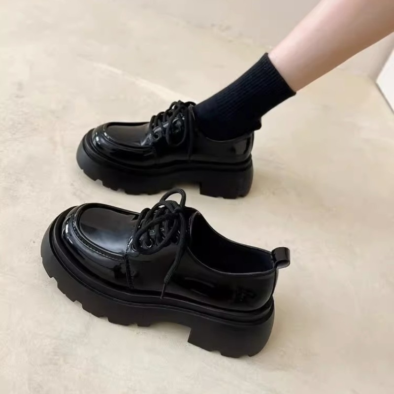 Platform Leather Shoes Women's Fashion New Spring Versatile Black Lace-up Loafers