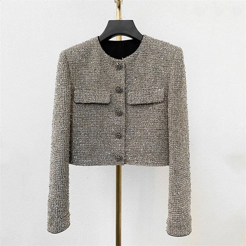 Spring Office Lady Short Beading Jacket O Neck Chic Long Sleeve Coat Women Single Breasted Stylish Basic Coat Female 240828