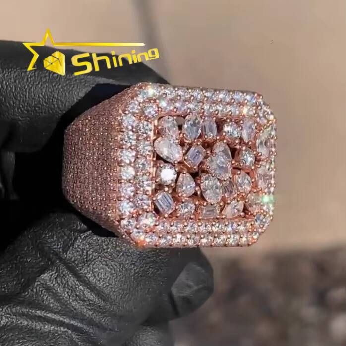 Luxury Hip Hop Ring 925 Sterling Silver Rose Gold Plated Iced Out Fancy Cut Buss Down Thick VVS Moissanite Diamond Ring Men