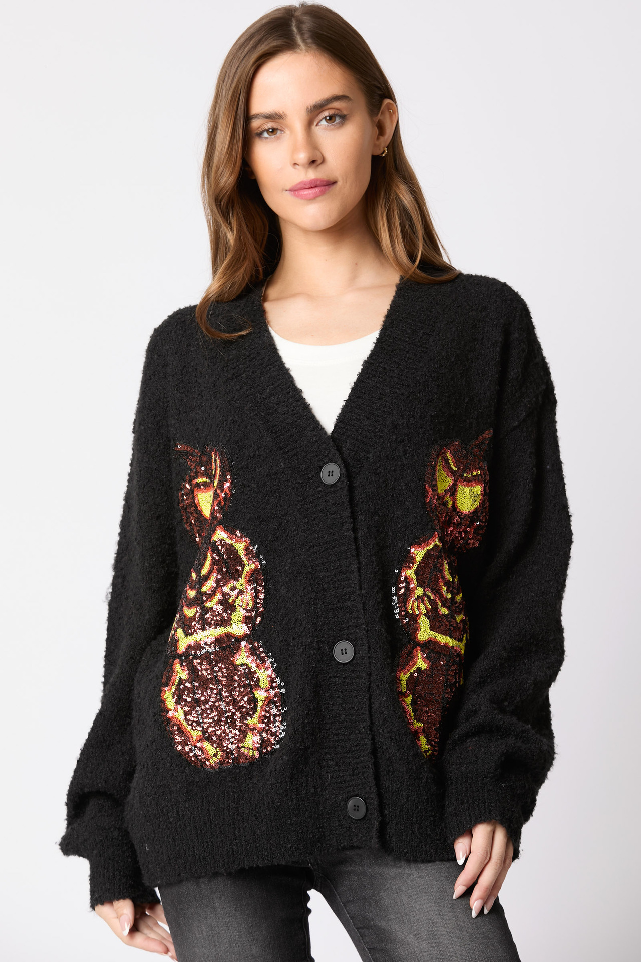 Autumn Winter New Womens Halloween Pumpkin Demon Sequin Sweater Casual Knitted Cardigan 250103