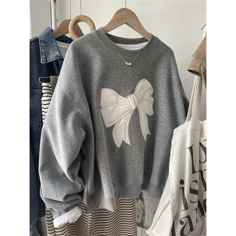 South korea Dongdaemun Heavy Industry Embroidery Bow round Neck Hoodie Women Spring and Autumn Thin Small Loose Short Top 250113