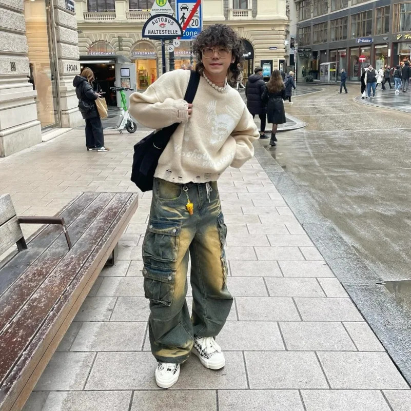 Streetwear Stylish Three-dimensional Pocket Washed Baggy Jeans Men Y2K Gothic Retro Casual High Waist Wide Leg Pants 250605